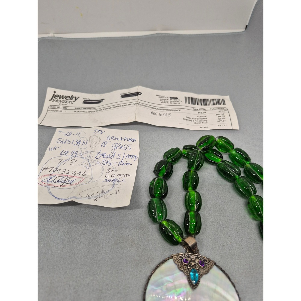 JTV Necklace Woman Green Glass Mother of Pearl Sterling Silver Quartz Statement - Picture 12 of 16